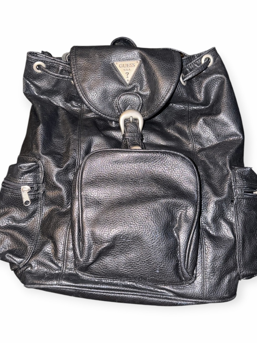 Vintage GUESS Black Pebbled Leather Drawstring Backpack with Front Pocket